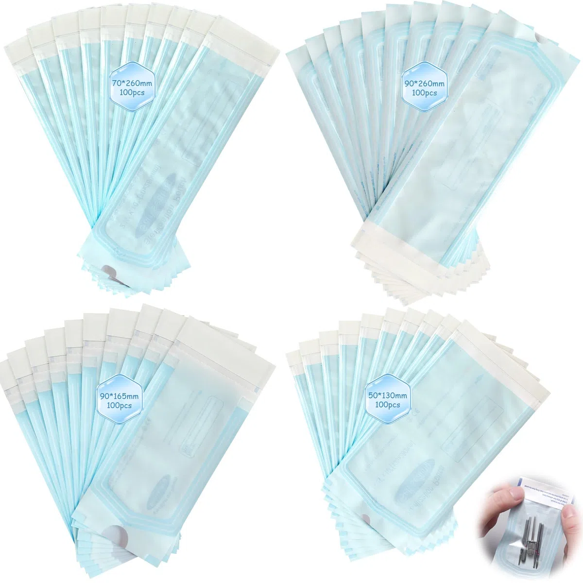 400 Stück Sterilisationsbeutel, 90mm*260mm + 90mm*165mm + 70mm*260mm + 57mm*130mm Selbstklebender Sterilisationsbeutel, Einweg Sterilisatorbeutel für Reinigungswerkzeuge, Selbststerilisationsbeutel