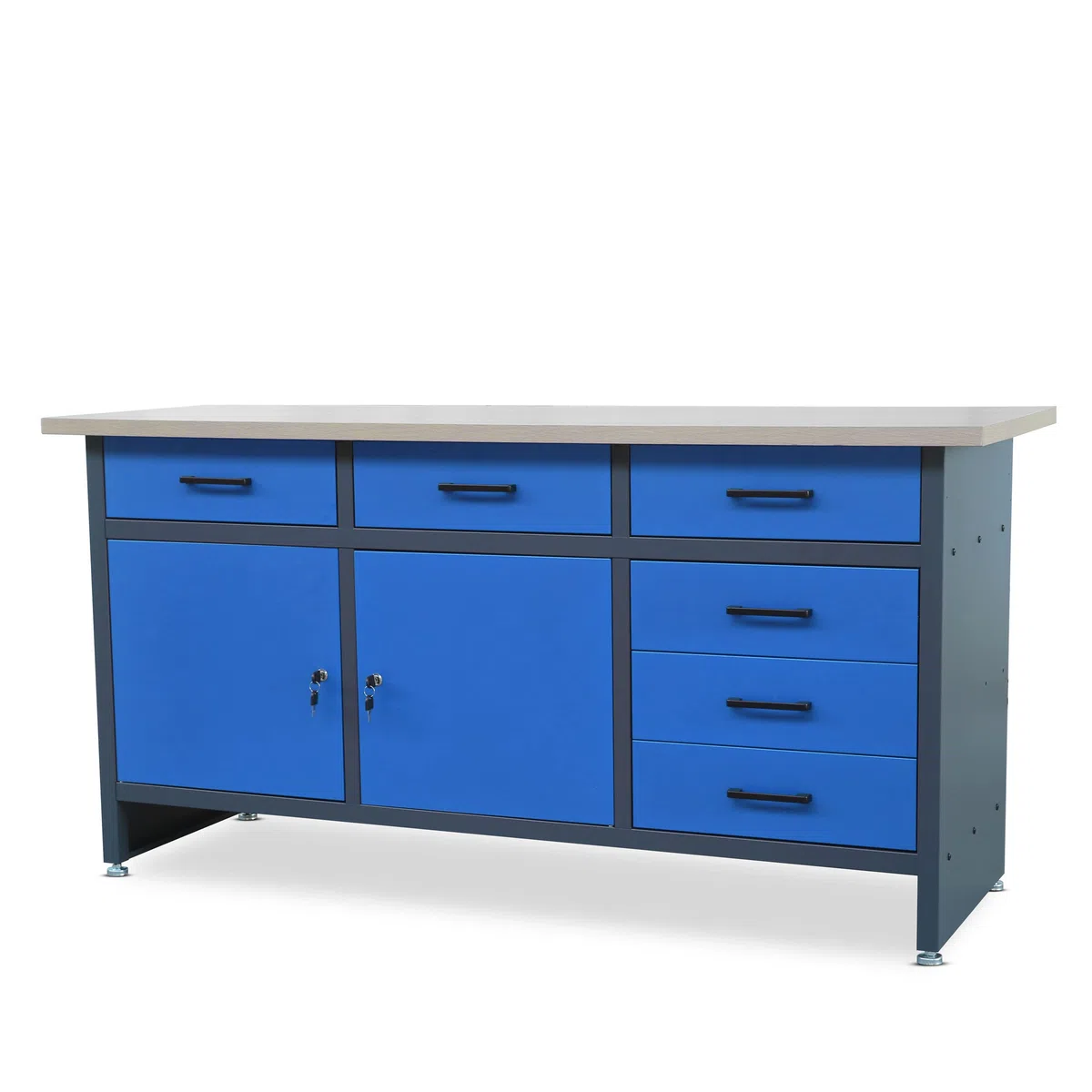Jan Nowak Werkbank mit Arbeitsplatte Werktisch mit 6 Schubladen 2 Schließfächer Verstellbare Füße MDF-Arbeitsplatte Belastbar bis 500 kg Metall 170 cm x 60 cm x 85 cm Anthrazit-Blau