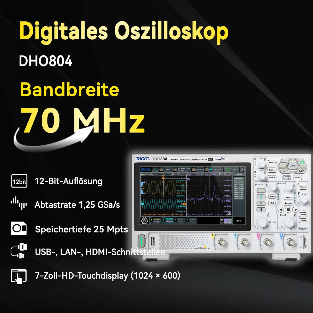 RIGOL Oszilloskop,DHO804 Tragbares Digitales Oscilloscope,70MHz Bandbreite,4 analoge Kanäle,12bit vertikale Auflösung,niedriges Grundrauschen,Unterstützung für mobile Netzteile
