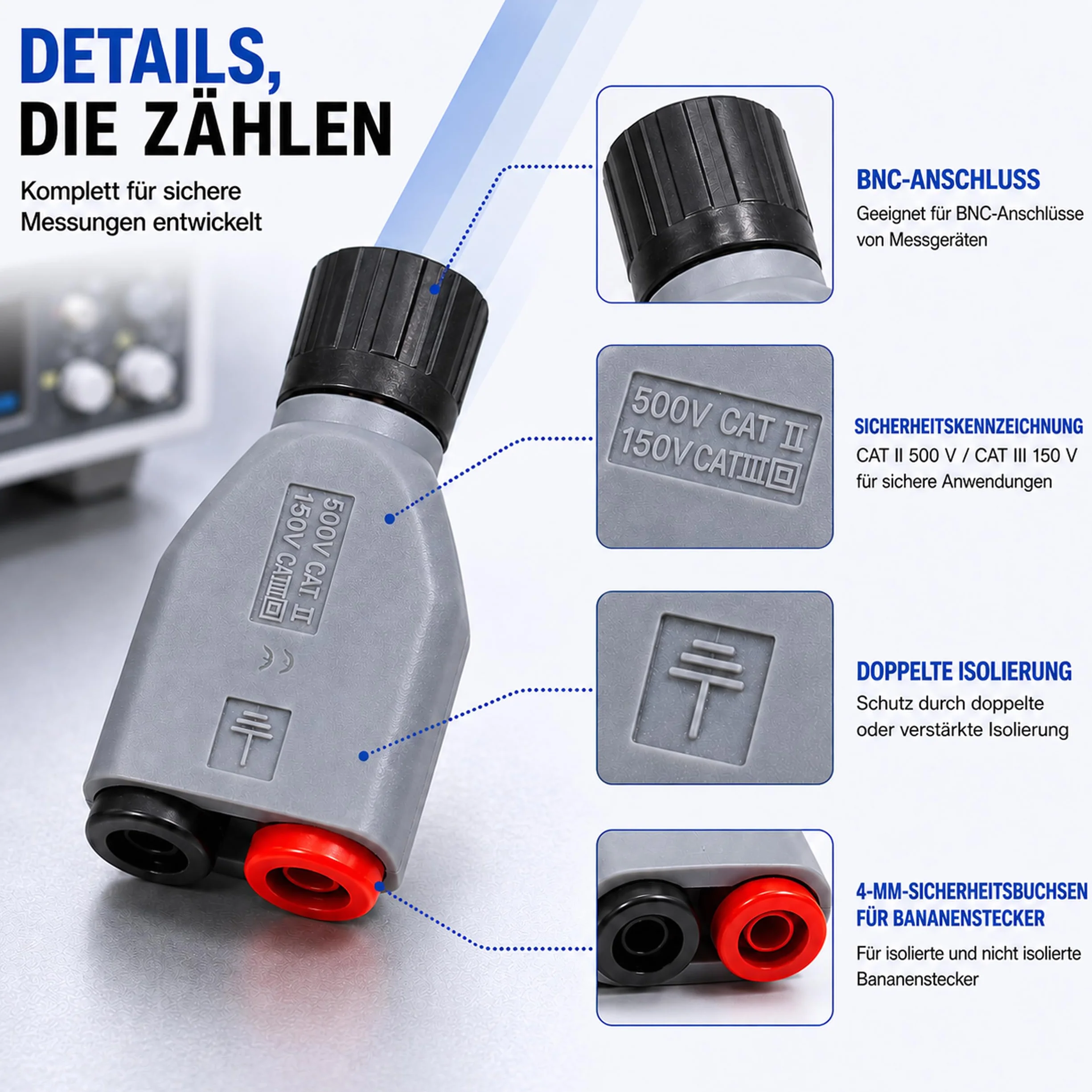 PeakTech 7055 - BNC zu 4mm Adapter Stecker für Oszilloskope, berührungssicher
