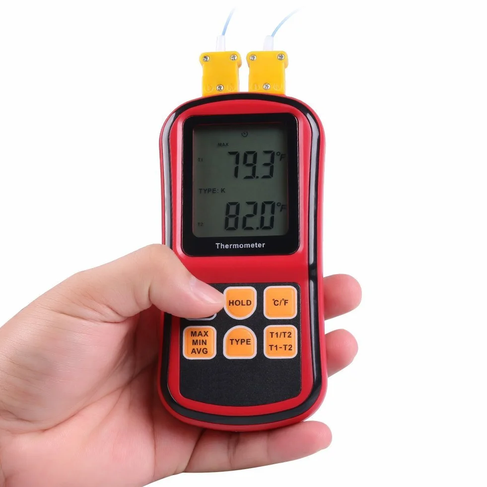 RGBS Dual Channel Digitales Thermometer mit zwei K-Typ Thermoelemente Temperatur Messgerät mit LCD Hintergrundbeleuchtung für K/J/T/E/R/S/N Thermoelement, für Industrie, Landwirtschaft, Meteorologie