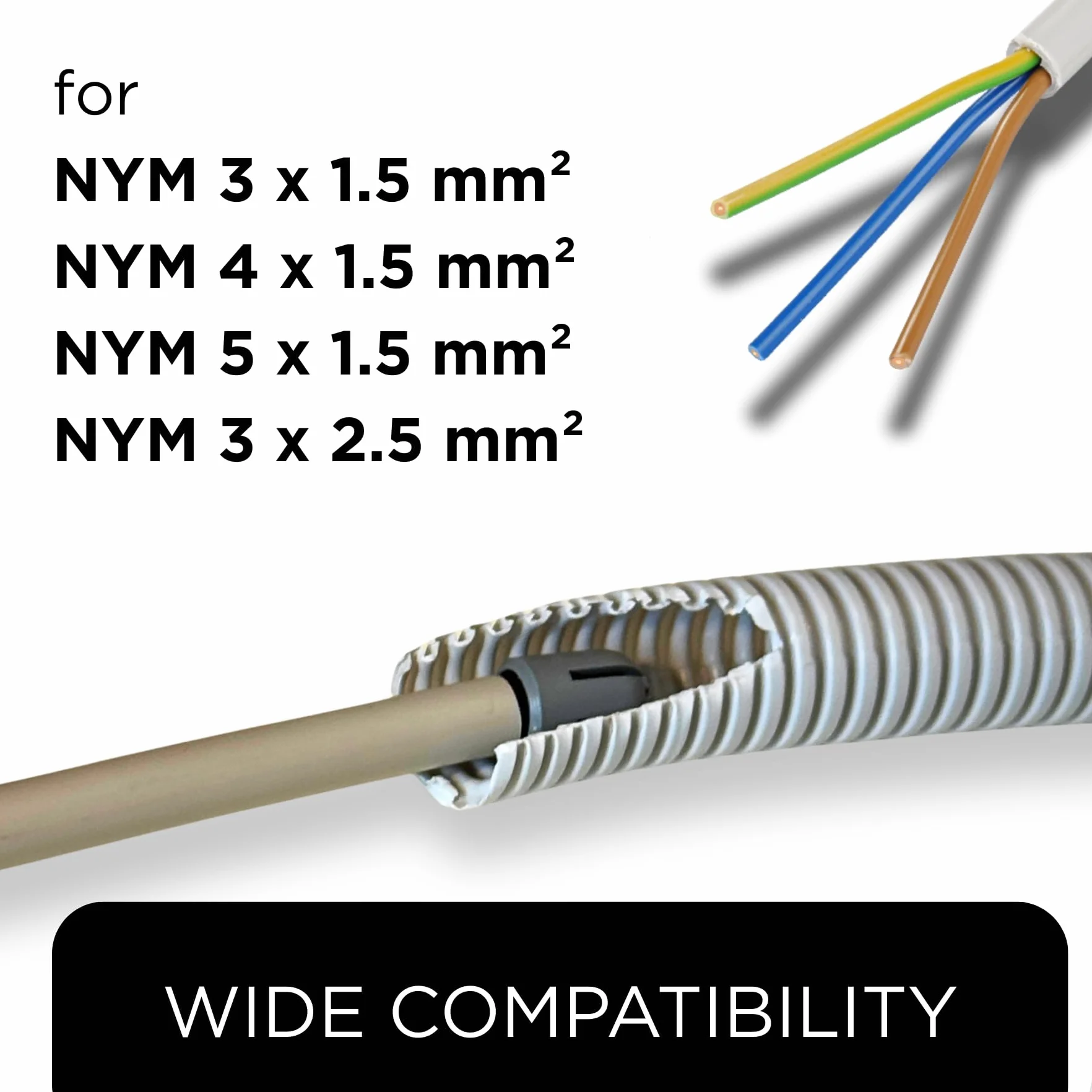 Kabeleinziehhilfe für Leerrohre, festsitzende Einziehhilfe für Leerrohre, NYM 3x, 4x & 5x1,5mm² sowie 3x2,5mm² für Handwerker und Laien (50, NYM Grey Allround)